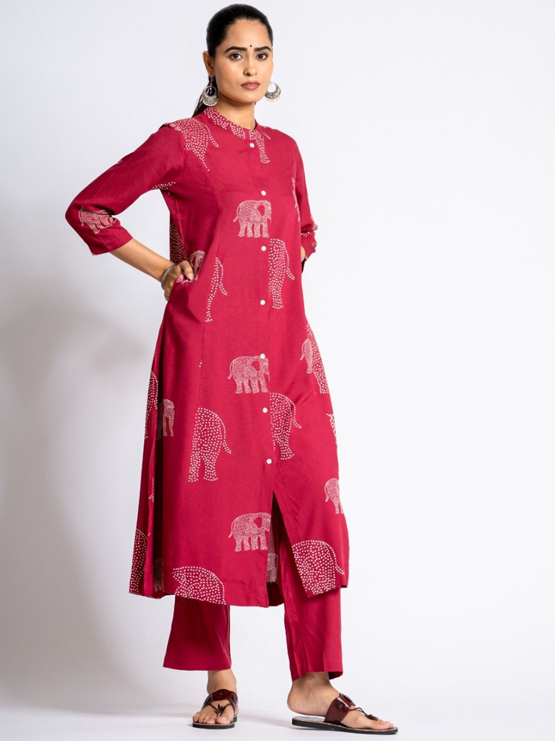 

KALINI Ethnic Motifs Printed Mandarin Collar A-Line Kurta With Palazzos, Pink