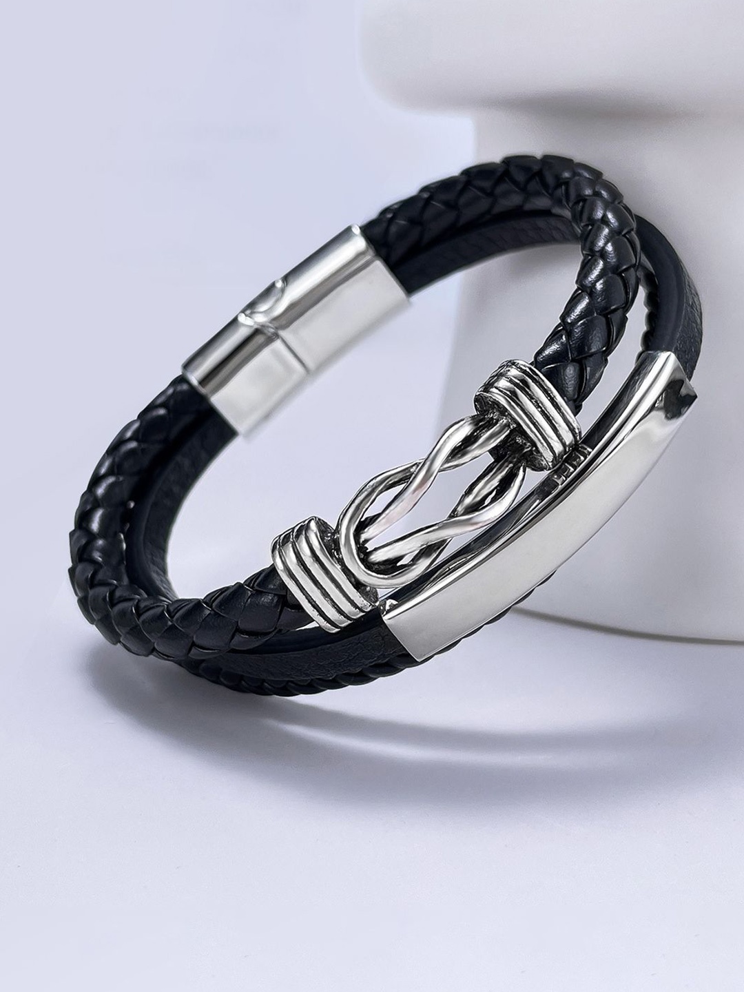

Peora Men Silver-Plated Stainless Steel Leather Openable Wraparound Bracelet