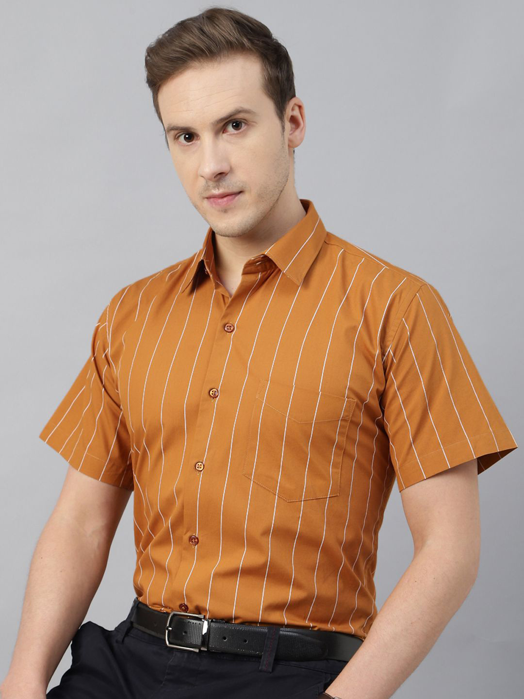 

Hancock Men Spread Collar Vertical Striped Cotton Slim Fit Formal Shirt, Mustard