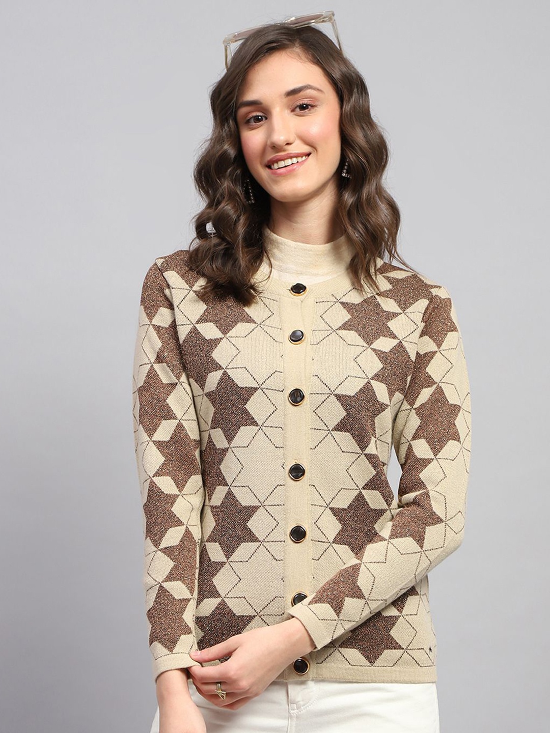 

Monte Carlo Women Ribbed Woollen Cardigan, Brown