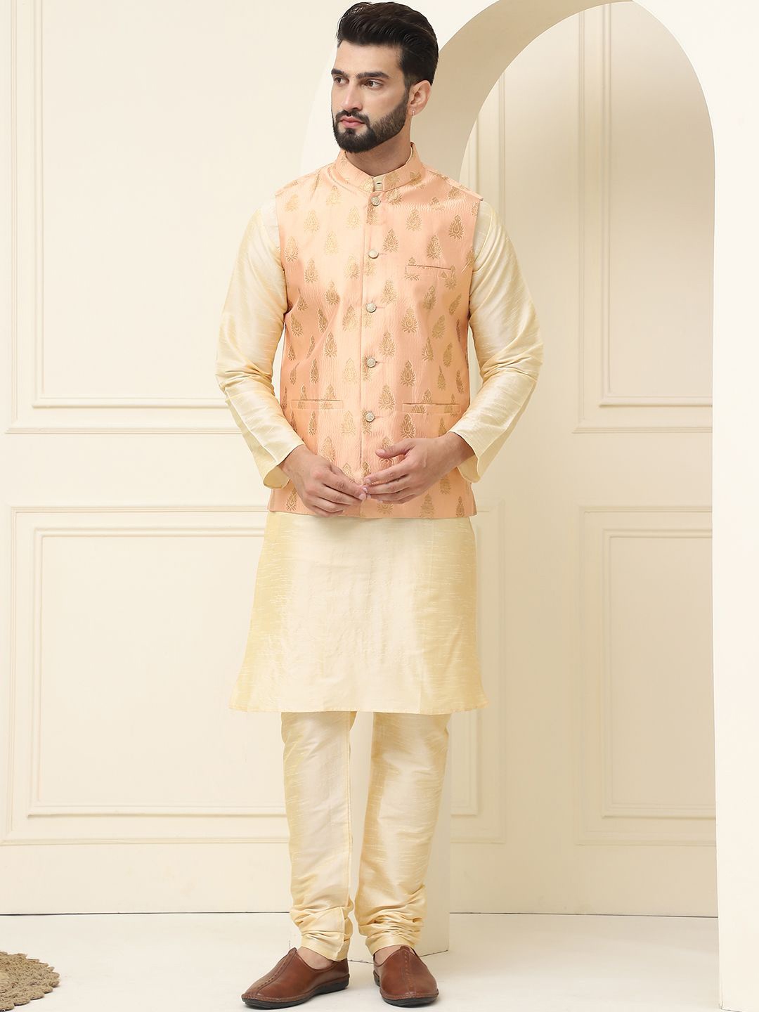 

SOJANYA Mandarin Collar Silk Cotton Kurta With Churidar & Woven Design Nehru Jacket, Cream