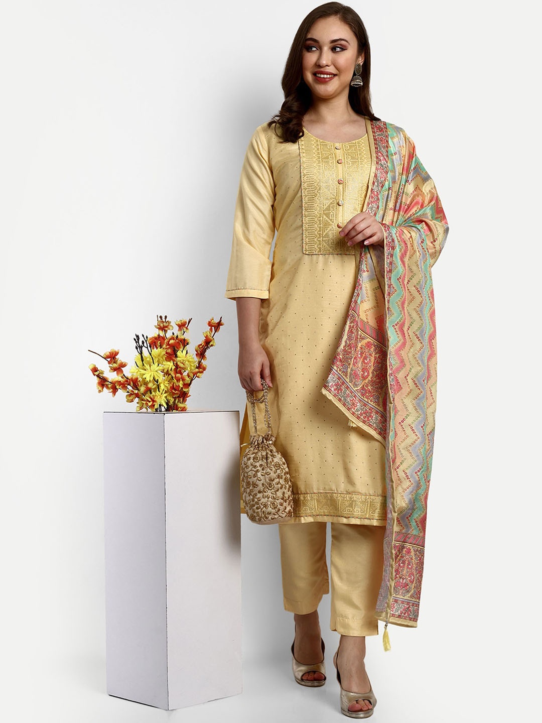 

V B SONS Ethnic Motifs Embroidered Beads and Stones Kurta With Trousers & Dupatta, Yellow