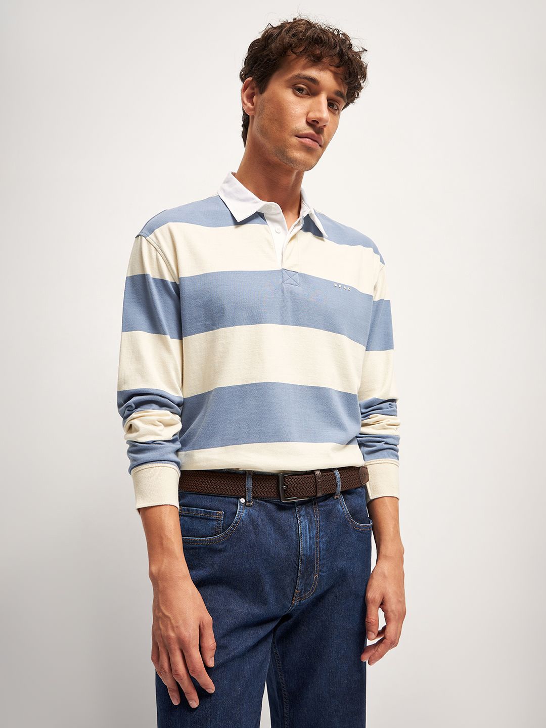 

THE BEAR HOUSE Men Striped Polo Collar Cotton T-Shirt, Blue