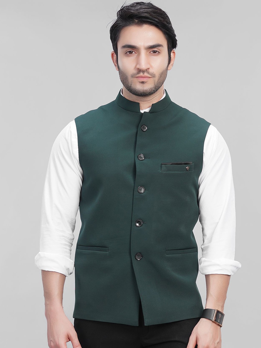 

LA'SCOOT Mandarin Collar Woven Nehru Jacket, Green