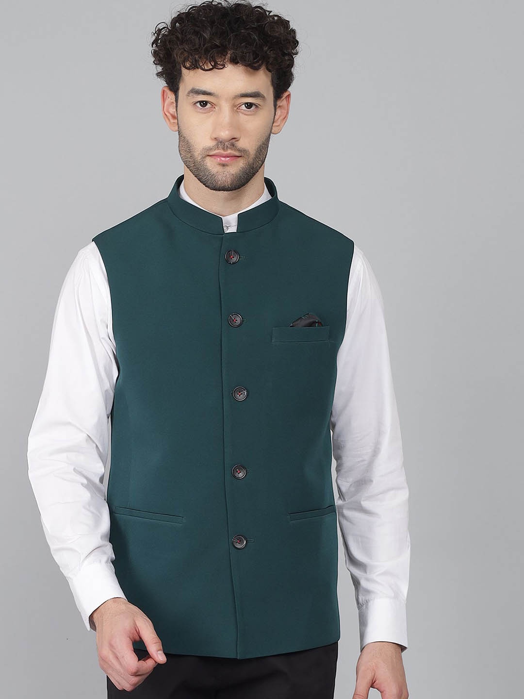 

LA'SCOOT Mandarin Collar Woven Nehru Jacket, Green
