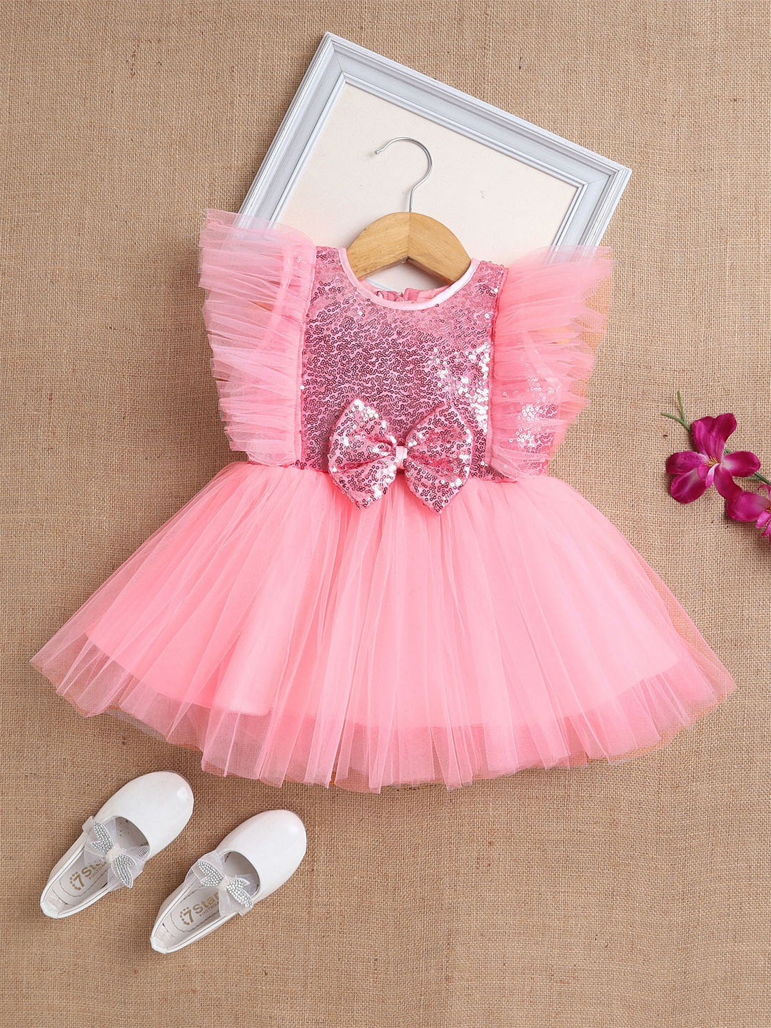 

The Magic Wand Girls Solid Embellished Fit & Flare Party Dress, Pink