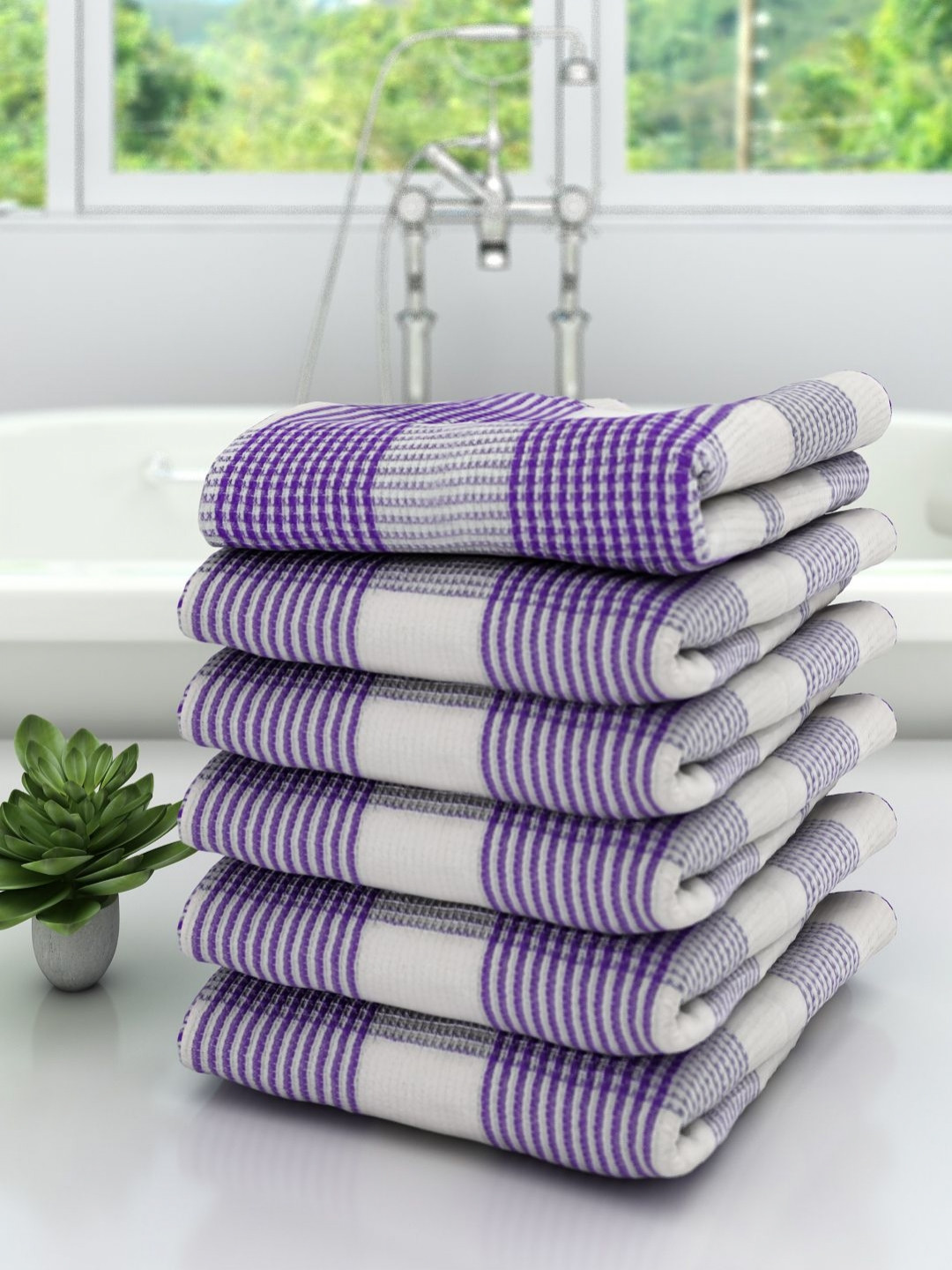 

Aura White & Purple 6 Pieces Checked Pure Cotton 210 GSM Bath Towels