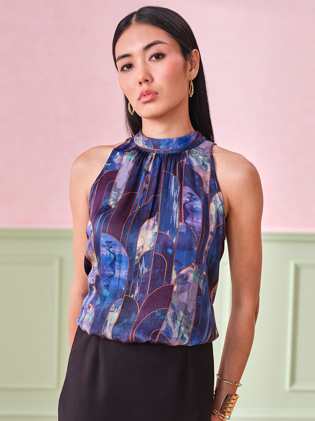 

AND Women Abstract Printed High Neck Top, Blue