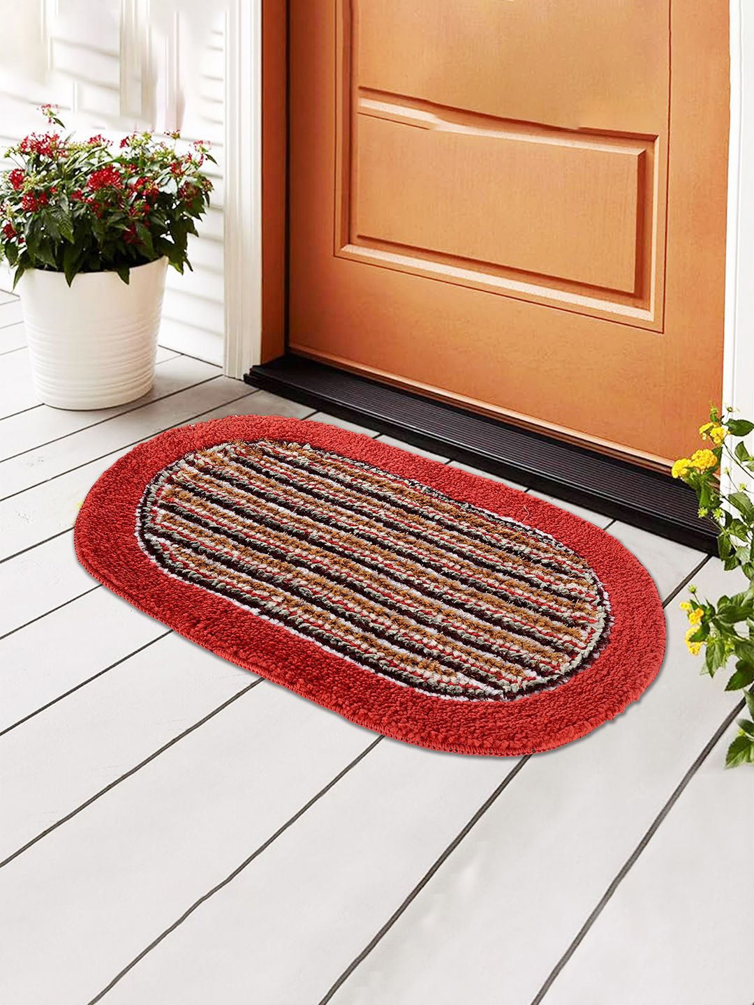 

Kuber Industries Red & Brown Printed Anti-Slip Doormat