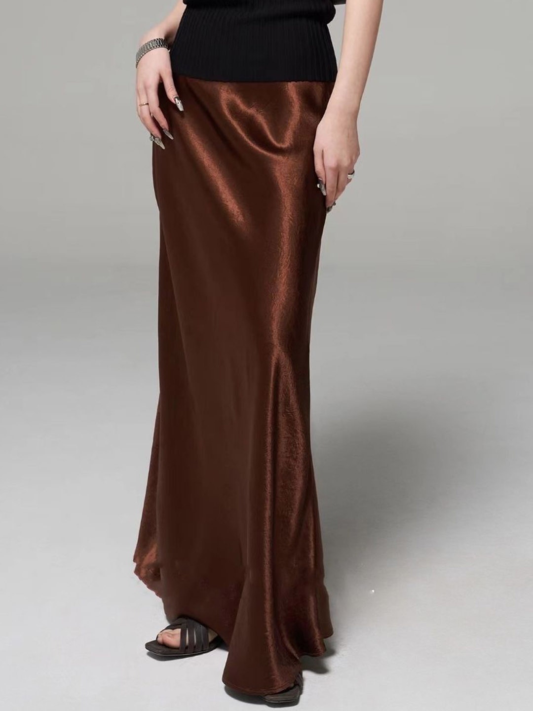 

KPOP Women Solid Straight Maxi Skirt, Brown