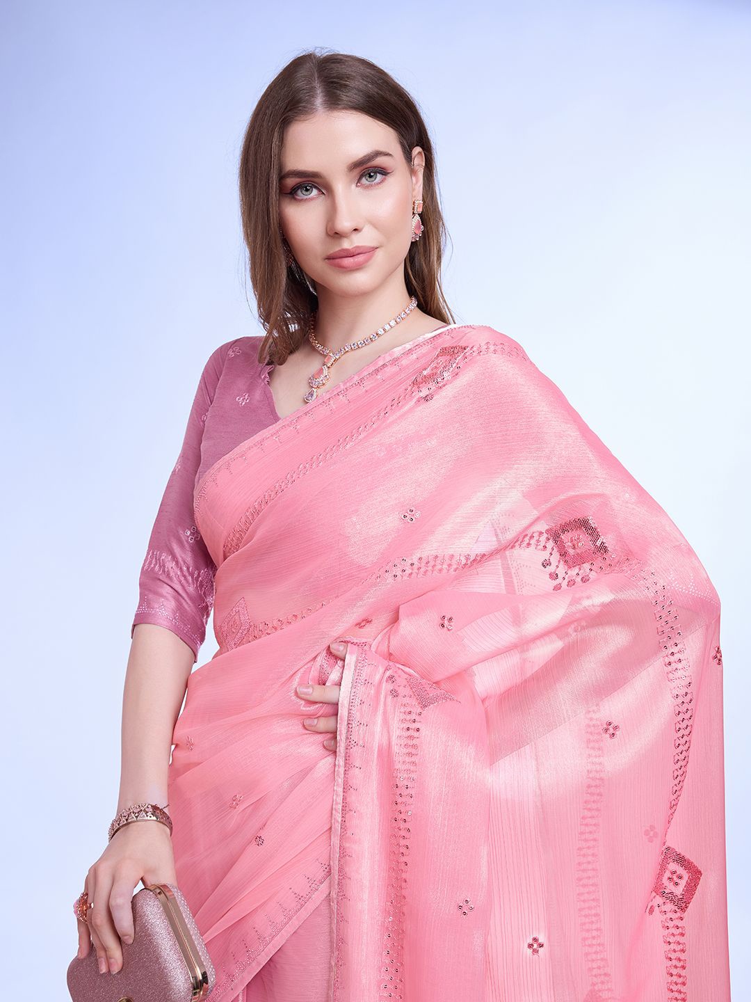 

Mitera Embellished Sequinned Saree, Pink