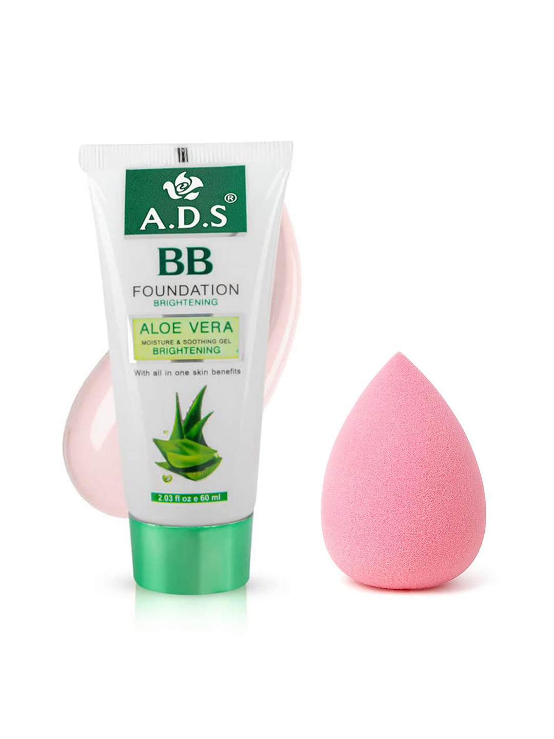 

A.D.S Aloe Vera Professional BB Foundation & Sponge Beauty Blender Puff, 60gm Shade-03, Peach