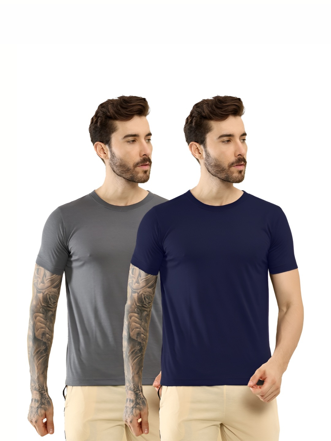 

T.T. Men Pack Of 2 Solid Round Neck Slim Fit T-shirts, Navy blue