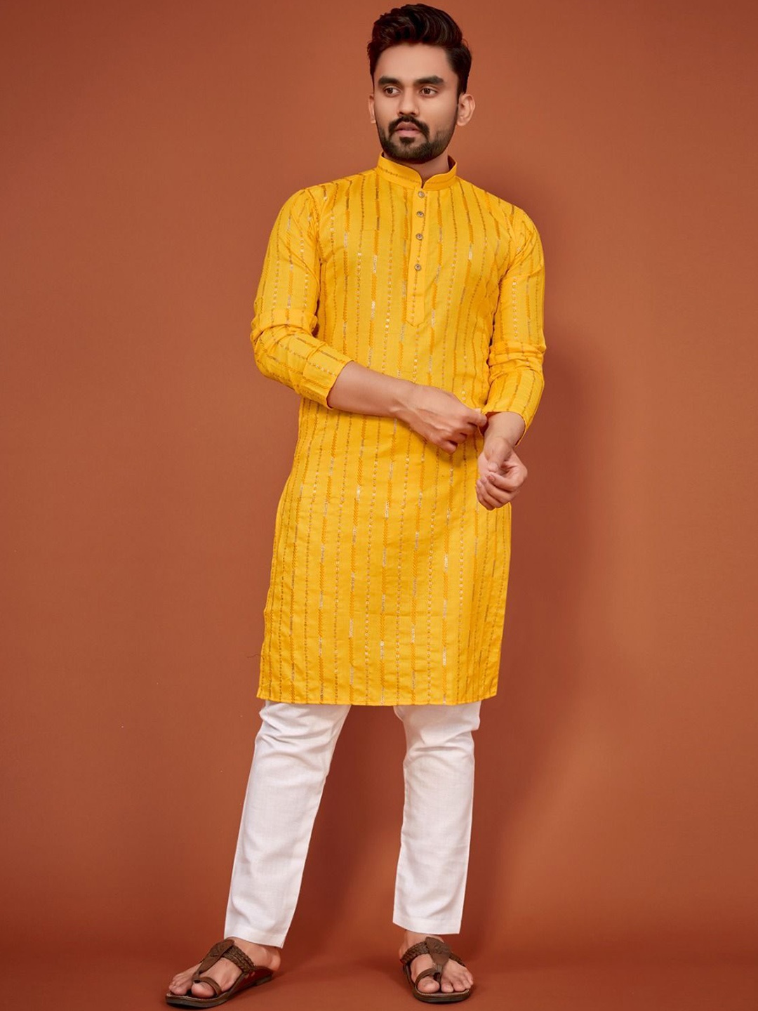 

CHARLOTTE GRACIOUS Striped Mirror Work Mandarin Collar Cotton Silk Straight Kurta, Yellow