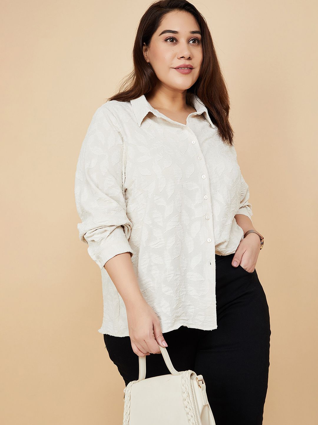 

max Women Plus Size Spread Collar Textured Casual Shirt, Beige
