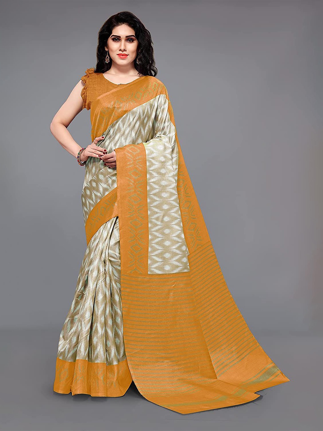 

VIRICA Abstract Printed Saree With Blouse Piece, Mustard