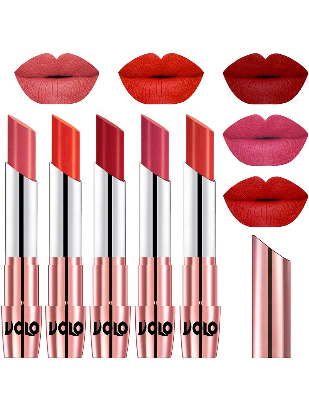 

VOLO Set Of 5 Creme Matte Lipstick -Dark Peach- Coral- Tomato Red- Pink- Orange, Multi