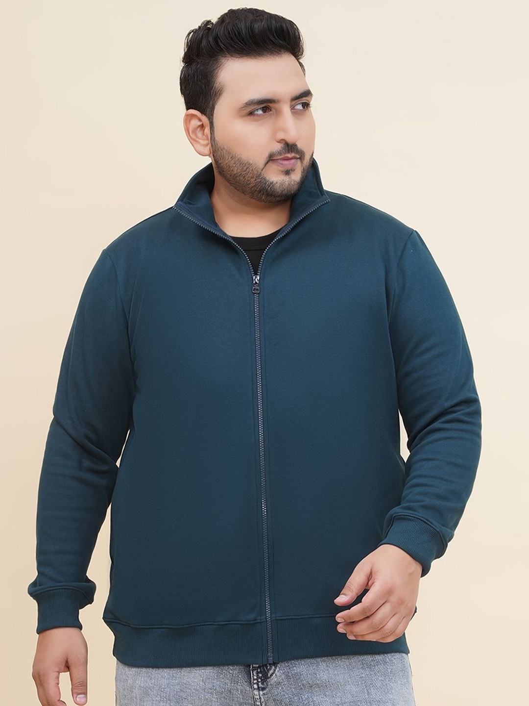 

John Pride Men Plus Size Solid Mock Collar Pure Cotton Sweatshirt, Teal