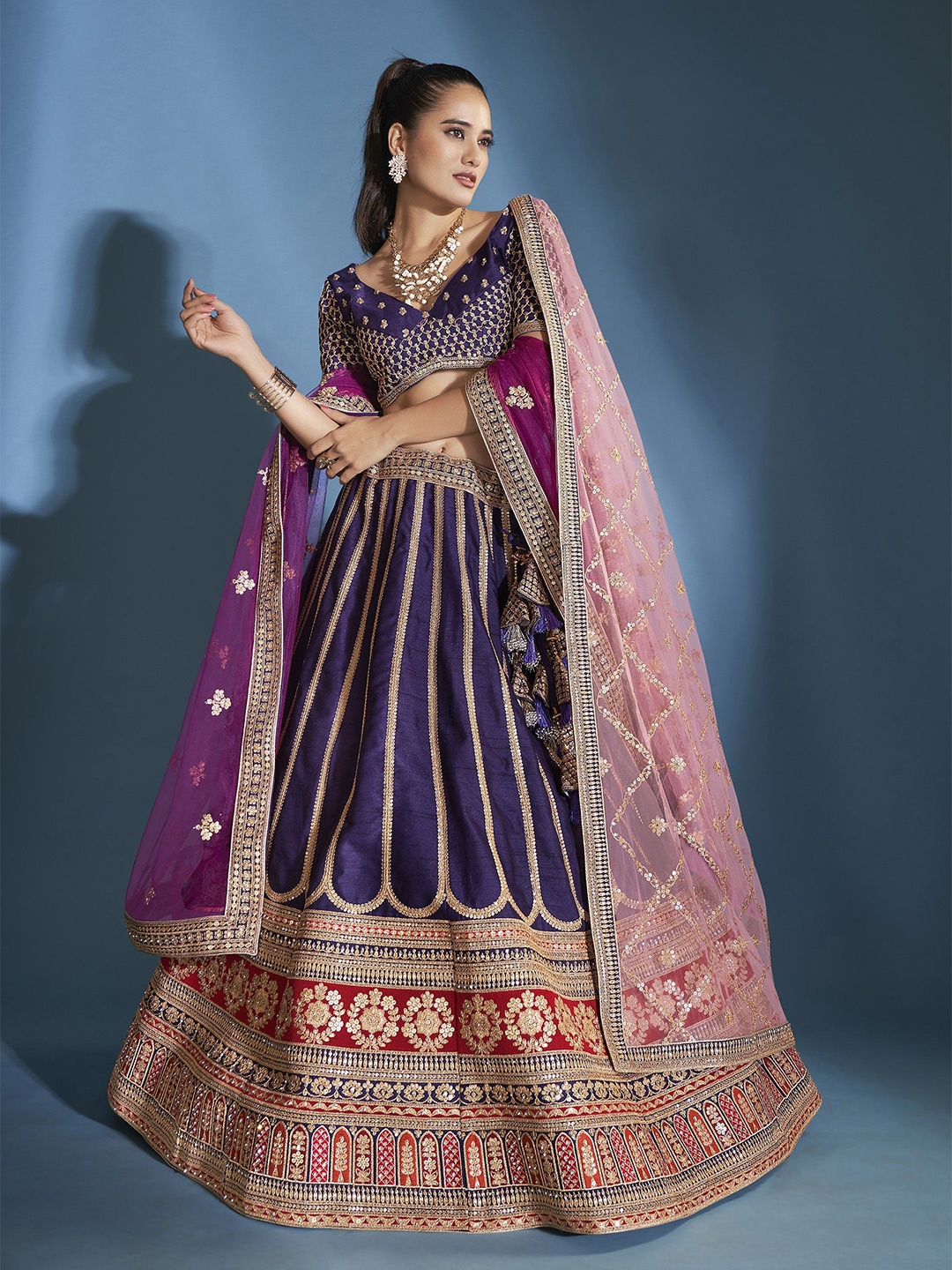 

JMS Studio Embroidered V-Neck Silk Ready to Wear Lehenga & Unstitched Blouse With Dupatta, Purple