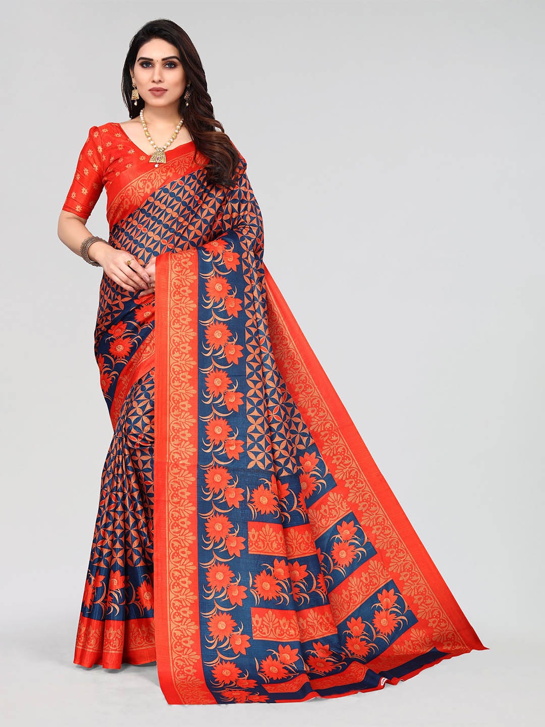 

VIRICA Floral Printed Saree With Blouse Piece, Navy blue