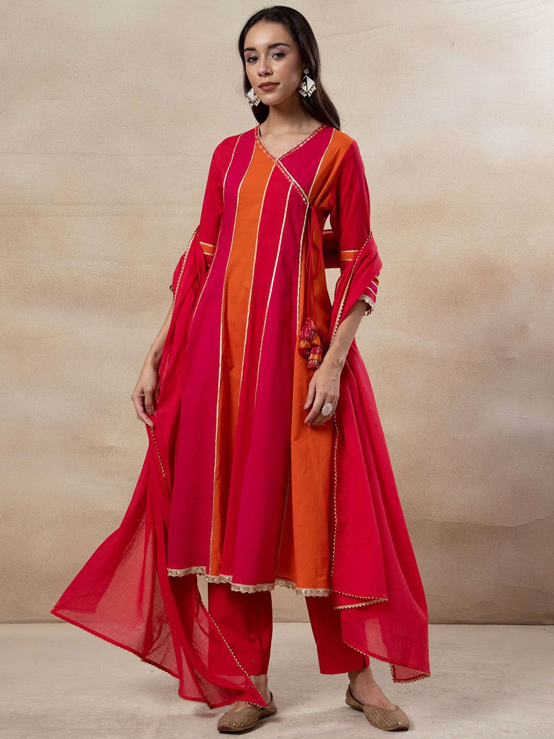 

INDYA Striped V-Neck Angrakha Pure Cotton Anarkali Kurta With Trousers & Dupatta, Orange