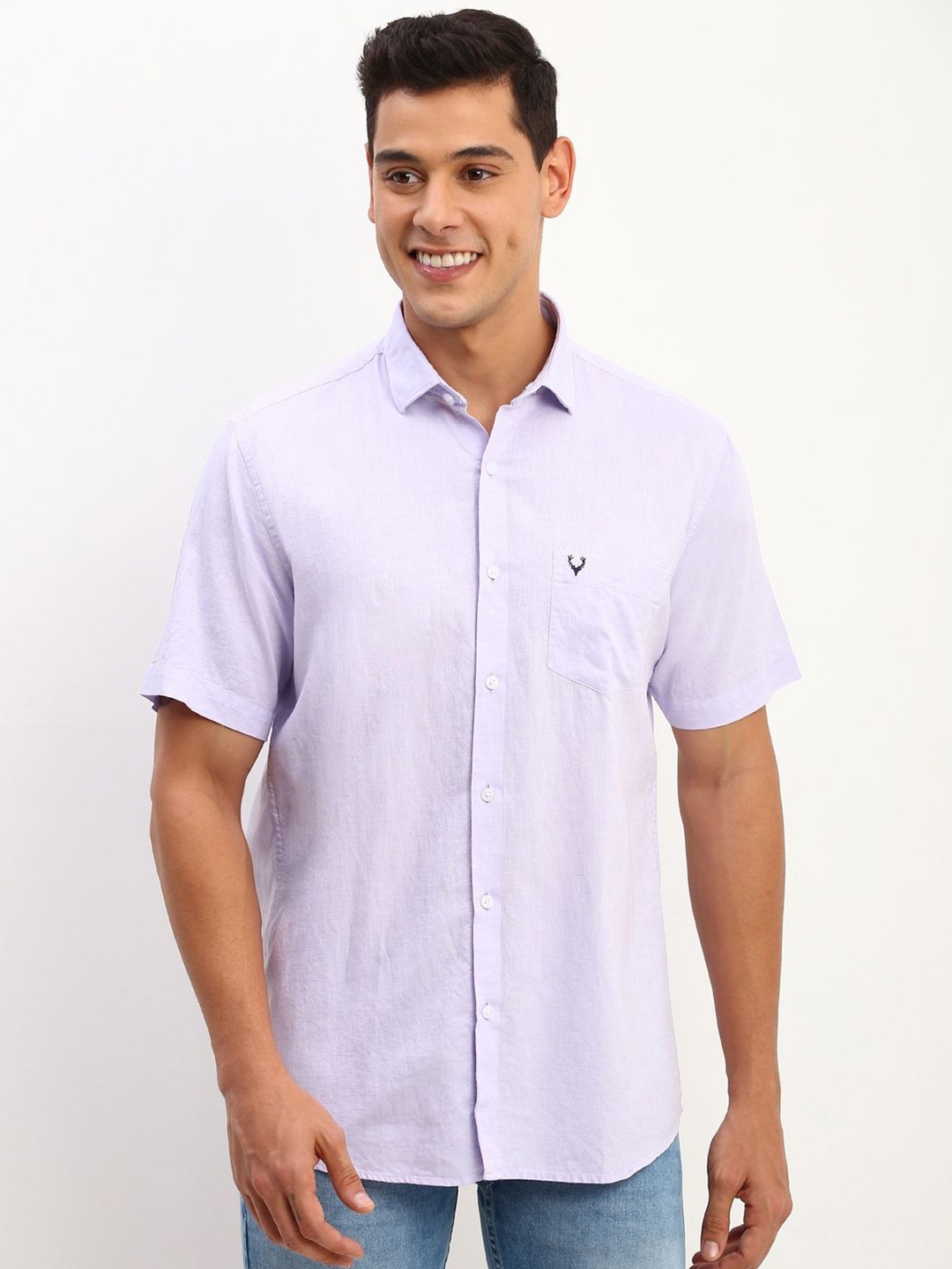 

Allen Solly Men Spread Collar Solid Cotton Linen Slim Fit Casual Shirt, Lavender