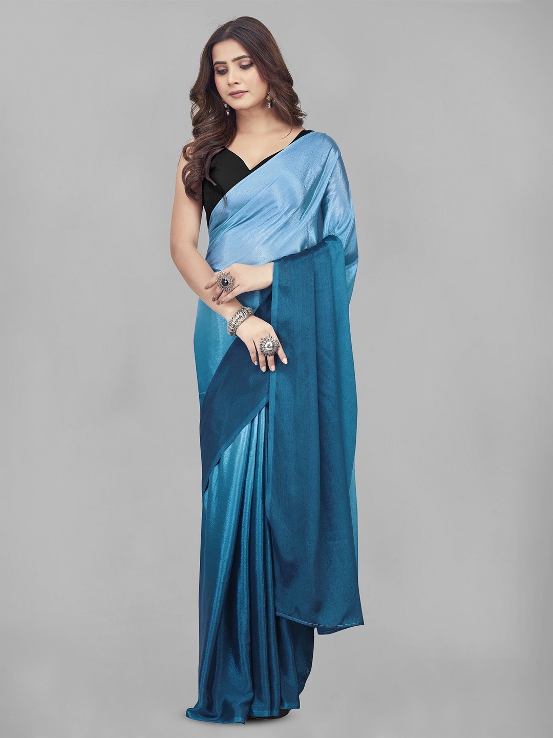 

LADY SHOPI Ombre Pure Chiffon Saree, Teal