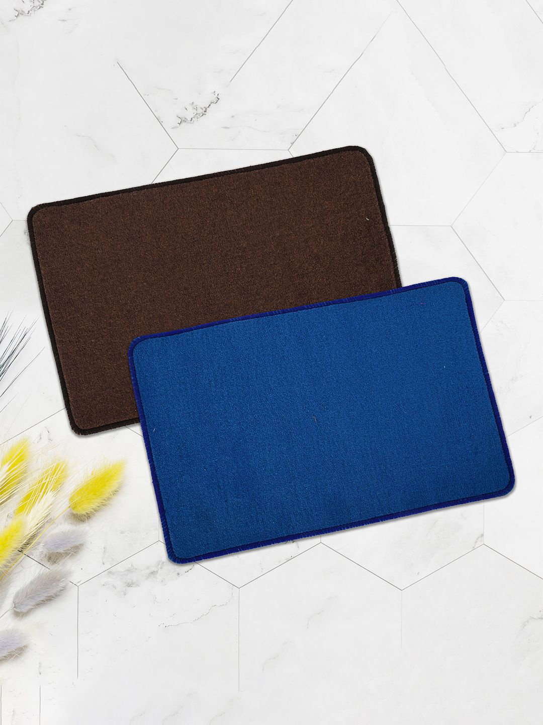 

Kuber Industries Blue & Brown 2 Pieces Microfiber Anti-Skid Doormats