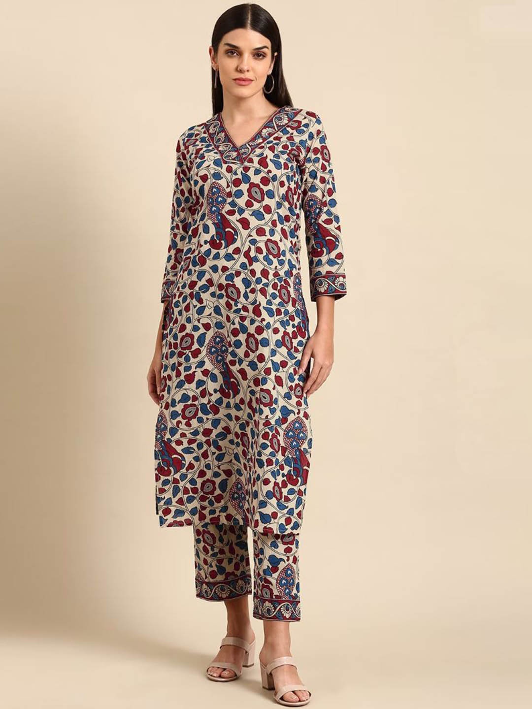 

Amudee Fashion Ethnic Motifs Printed Regular Pure Cotton Straight Kurta with Trousers, Beige