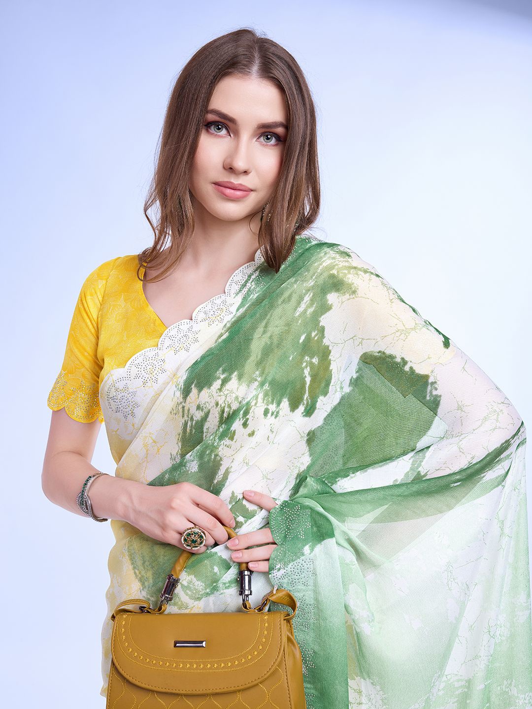 

all about you Tie and Dye Printed Beads and Stones Saree, Green