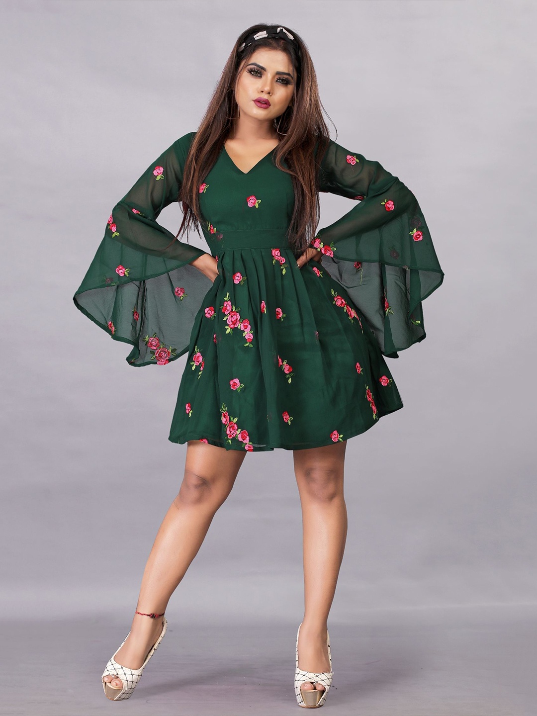 

Aika Floral Embroidered Bell Sleeve Georgette Fit & Flare Dress, Green