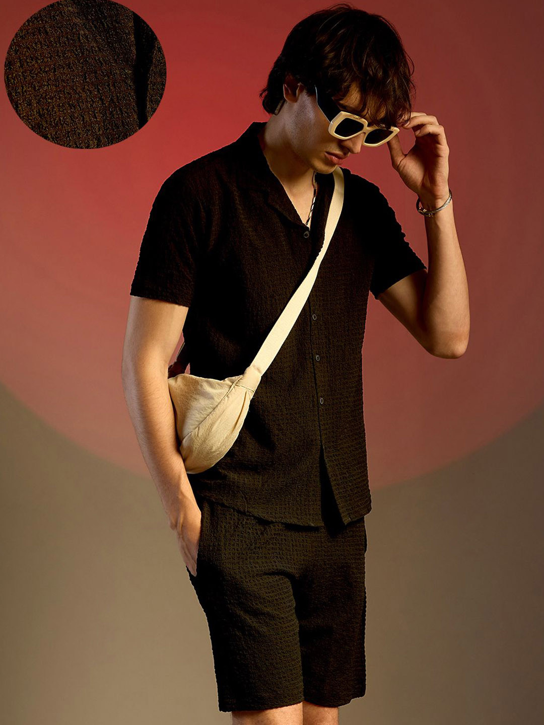

Campus Sutra Self Design Shirt With Short, Black