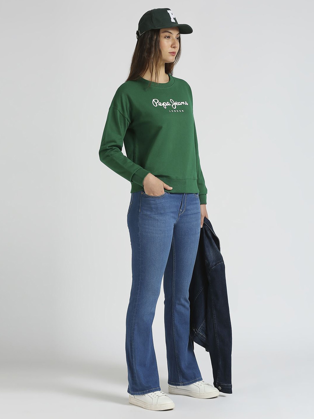 

Pepe Jeans Women Typography Printed Round Neck Pure Cotton Sweatshirt, Green