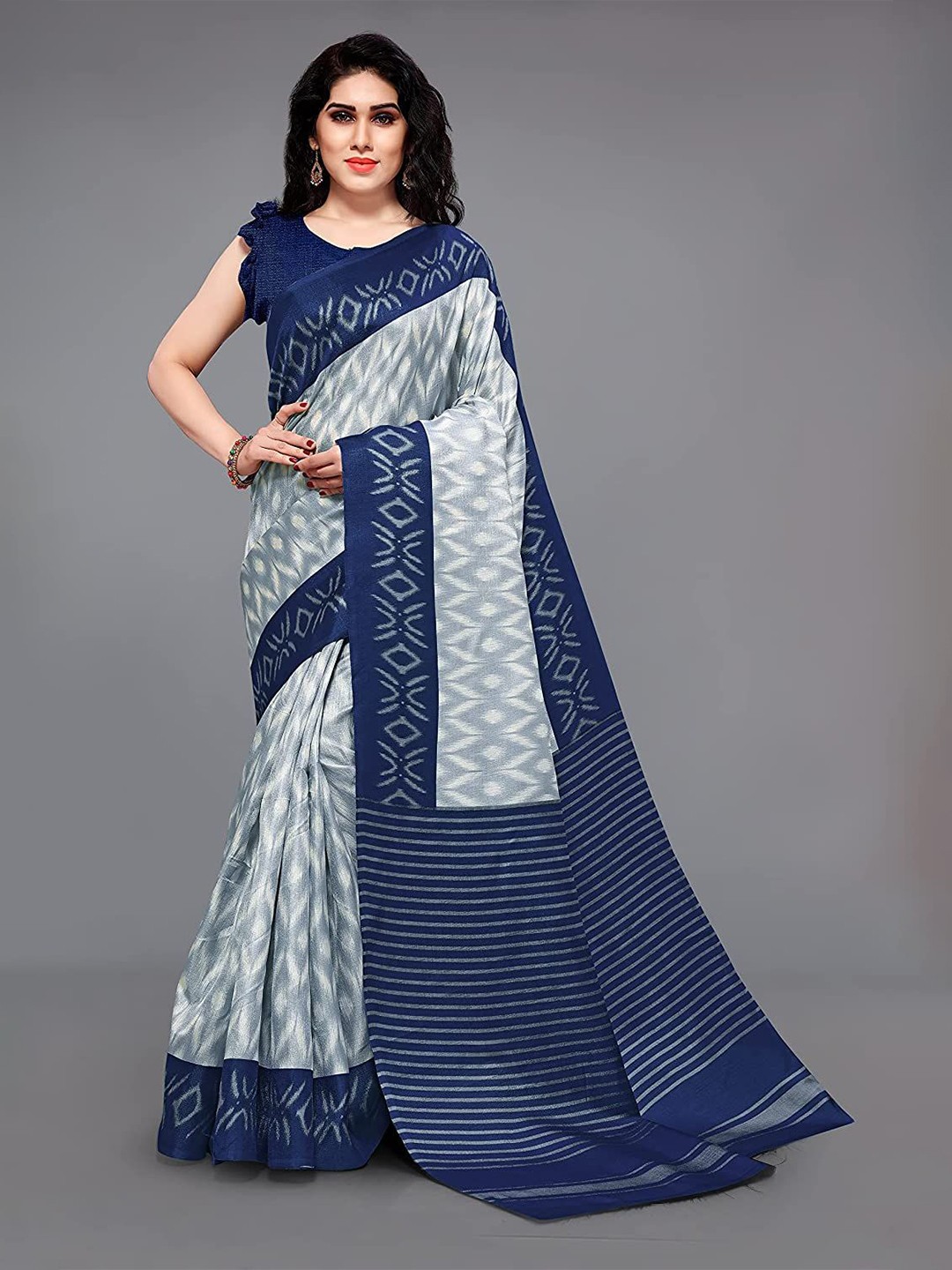 

VIRICA Fashionable Printed Poly cotton party Wear Saree, Navy blue