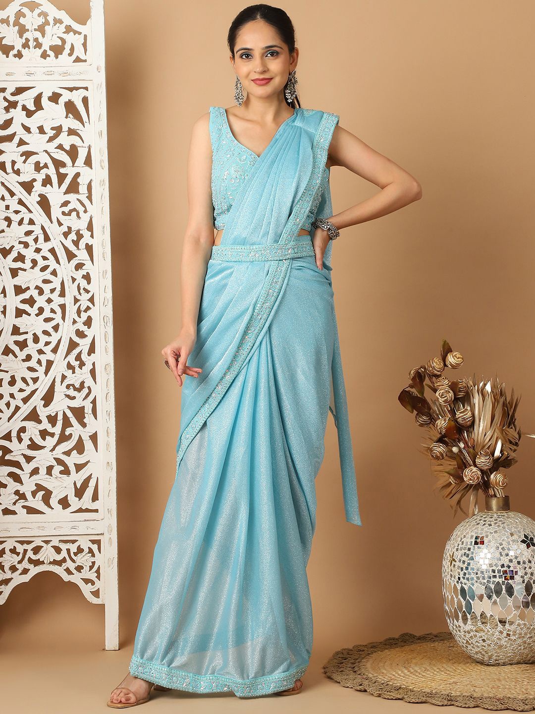 

Mitera Embellished Embroidered Ready to Wear Saree, Turquoise blue