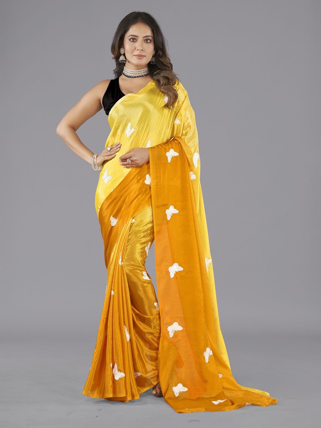 

LADY SHOPI Ethnic Motifs Colourblocked Pure Chiffon Saree, Yellow