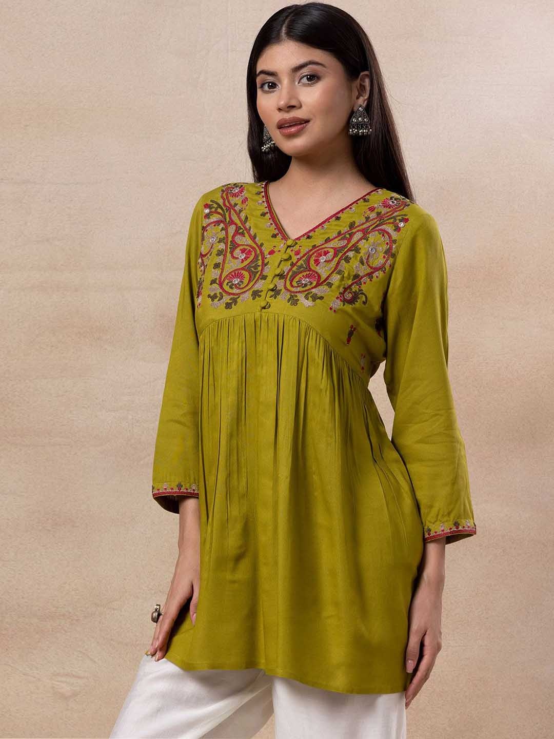 

INDYA Embroidered Pure Cotton Tunic, Yellow