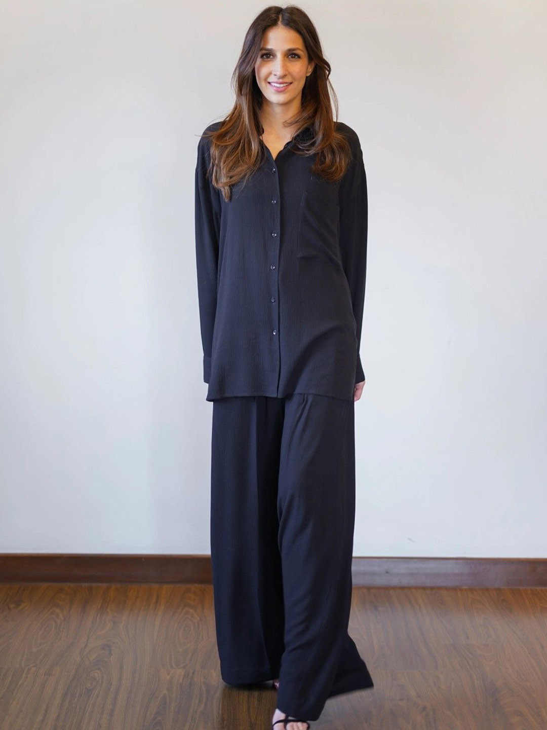 

AUTUMN LANE Long Sleeves Pure Cotton Shirt & Trousers Co-Ords, Black