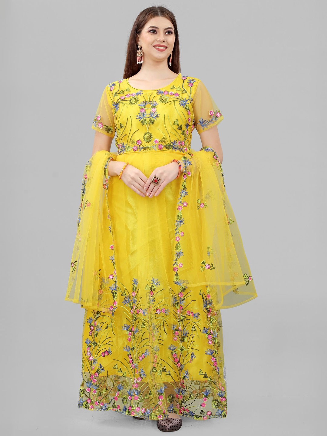 

JULEE Women Floral Embroidered Net Fit & Flare Maxi Dress, Yellow