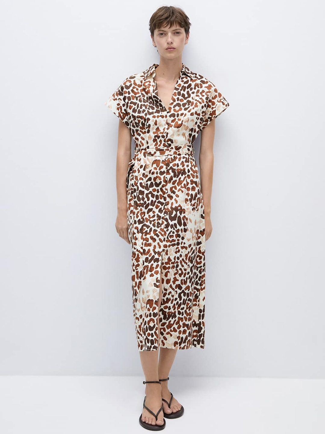 

MANGO Pure Cotton Animal Print Shirt Midi Dress with Belt, White