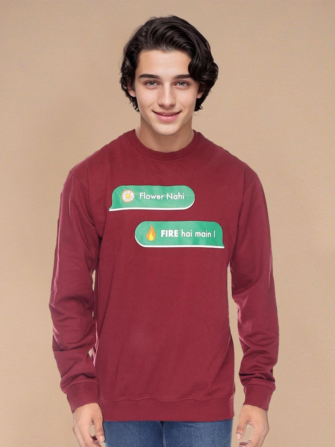 

MABYN Men Typography Printed Round Neck Sweatshirt, Maroon