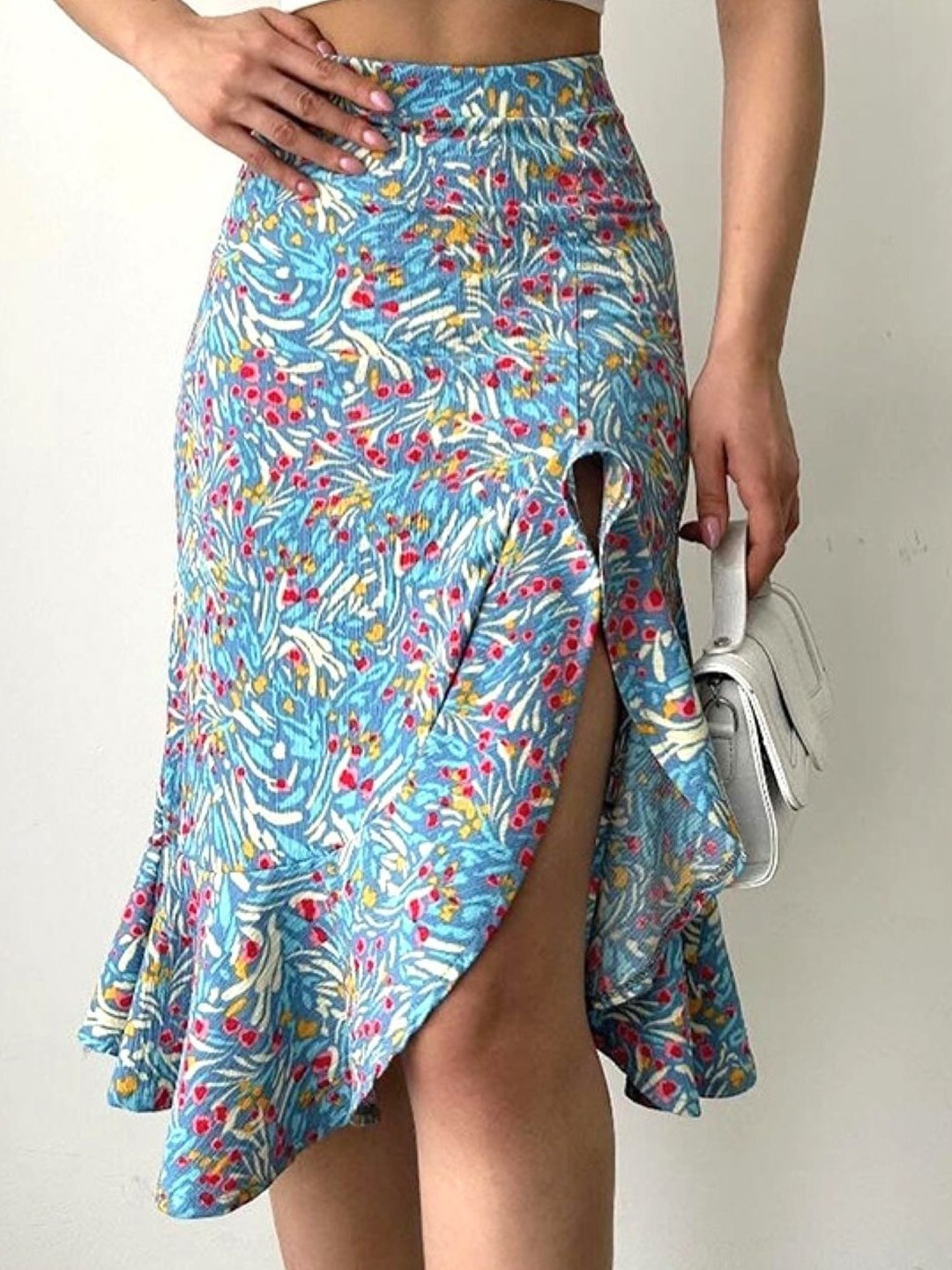 

KPOP Women Floral Printed Straight Slip-On Midi Skirt, Blue
