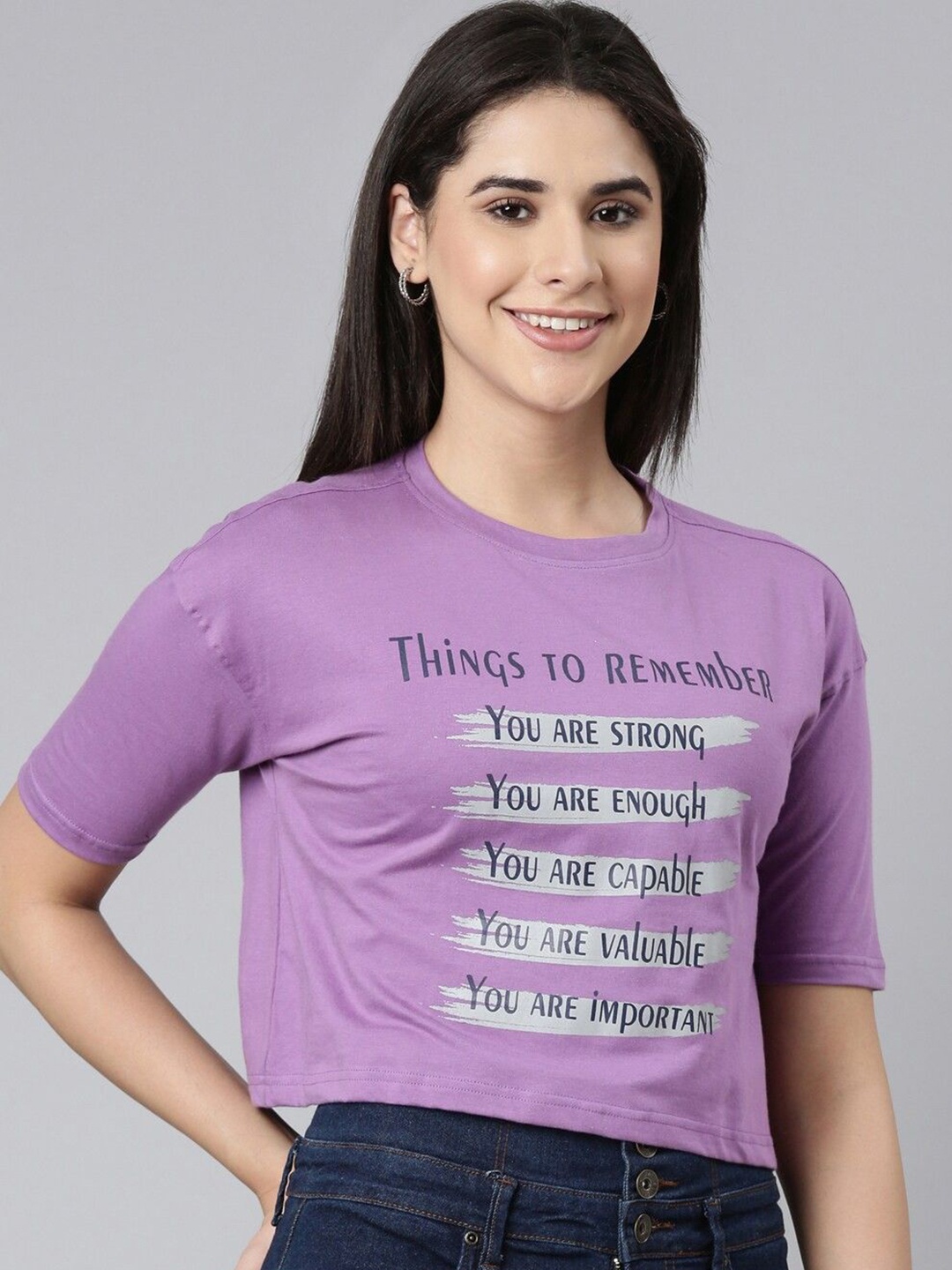 

Kryptic Women Typography Printed Round Neck Cotton Oversized T-shirt, Purple