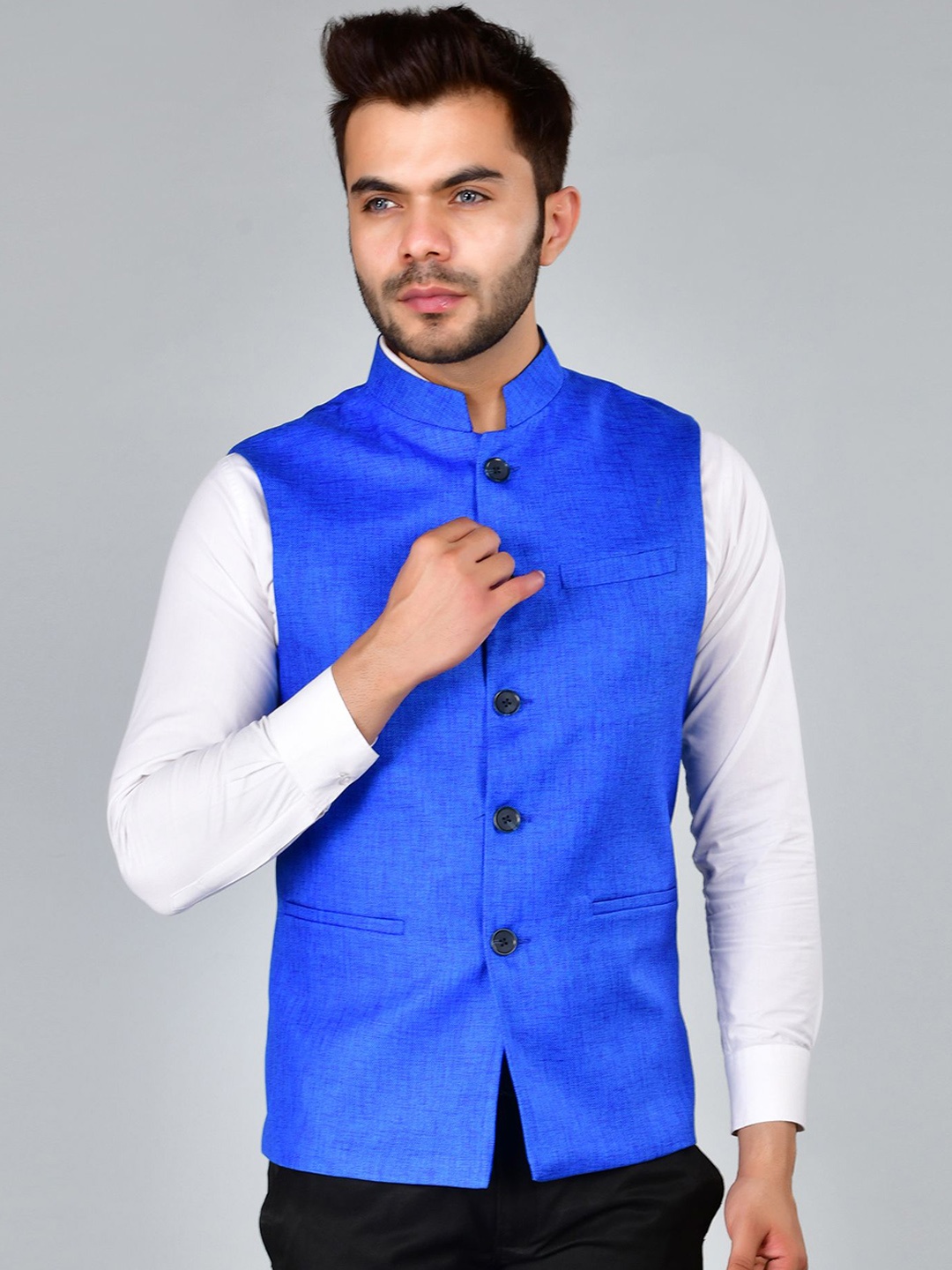 

LA'SCOOT Woven Linen Nehru Jacket, Blue