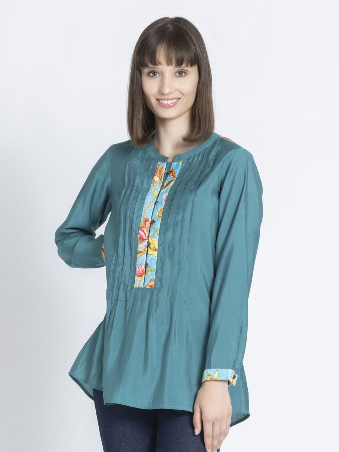 

SHAYE Women Floral Printed Pleated Kurti, Green