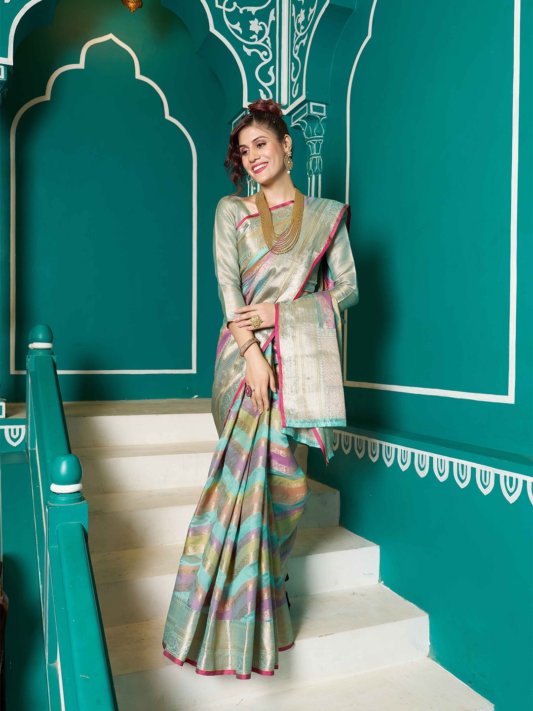

Krimmple Woven Design Zari Organza Saree, Turquoise blue