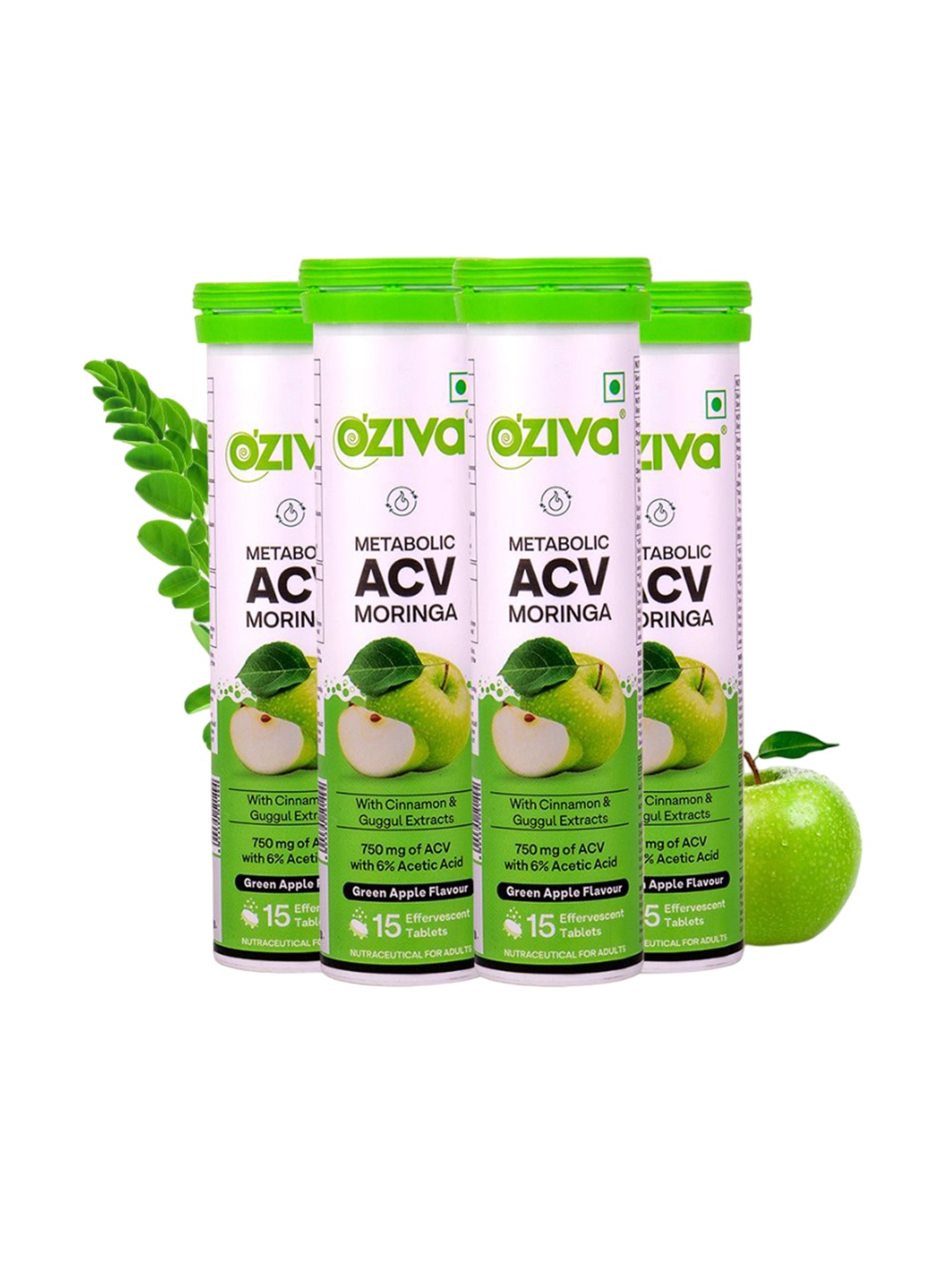 

OZiva Set Of 4 Apple Cider Vinegar Moringa Weight Loss Supplements- 60 Tabs, Green