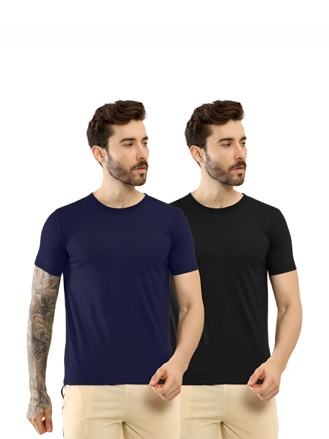 

T.T. Men Pack Of 2 Solid Round Neck Slim Fit T-shirts, Navy blue