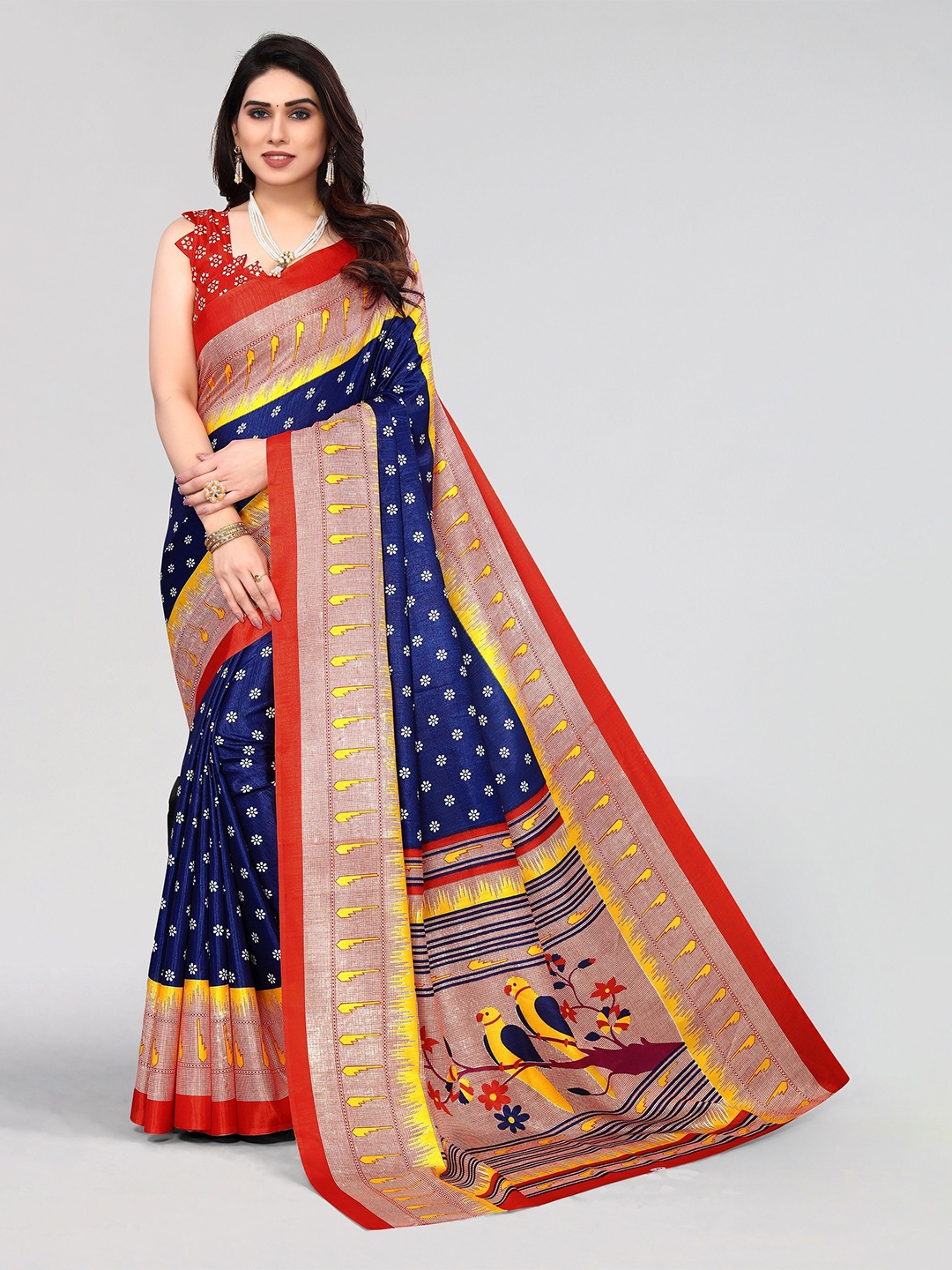 

VIRICA Ethnic Motif Printed Saree, Navy blue