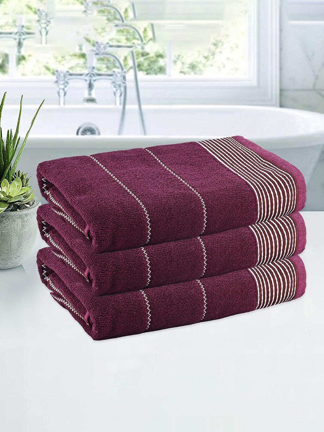 

Kuber Industries Maroon & White 3 Pieces Striped Cotton 450 GSM Bath Towels